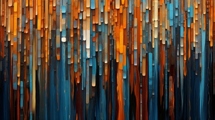 captivating abstract wooden wall art installation featuring a gradient of blue to orange vertical strips.