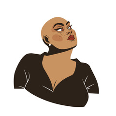 Bald African woman confident stance, black shirt, looking upwards, confident expression, simple style, beige background, female power, simple character design, empowerment concept. African American