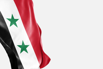 National flag of Syria flutters in the wind. Wavy Syria Flag. Close-up front view.