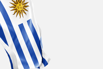 National flag of Uruguay flutters in the wind. Wavy Uruguay Flag. Close-up front view.