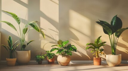 Minimalist indoor space with lush potted plants and shadows