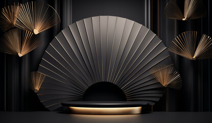 Gold black podium background product line stage dark platform deco blue background with folded fan display product background mockup