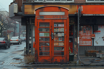 Obraz premium A vintage telephone booth standing on a street corner, symbolizing the communication technology of the 1970s. Concept of nostalgic urban landscape. Generative Ai.