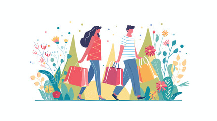 Man and woman with shopping bags spring sale concept.