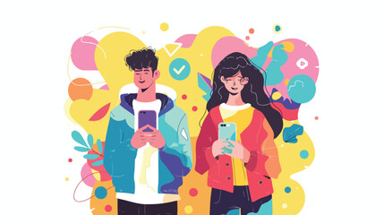 Man and woman with smartphones. Concept illustration