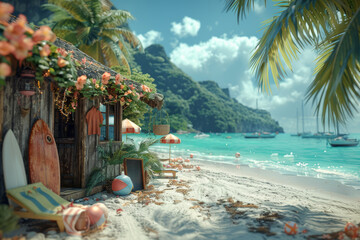 A retro beach party complete with surfboards, beach balls, and Hawaiian shirts, embodying the carefree spirit of the 1960s. Concept of nostalgic beach culture. Generative Ai.