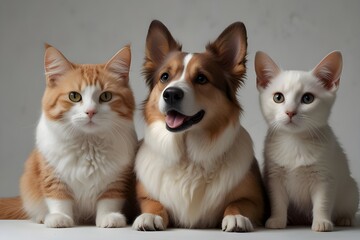 Group of pets together over white banner. isolated on white background
