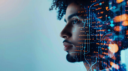 side profile portrait of a Middle Eastern North African male coworker with a tech pattern overlay, portraying a cyber security analyst of artificial intelligence and the future of ai in the workplace	