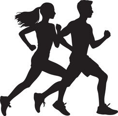 Running man and woman black silhouette isolated vector illustration. Running couple, jogging couple.