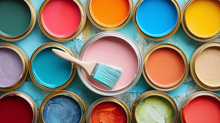 top view of Paint cans and brushes and how to choose the perfect interior paint color that is good for your health
