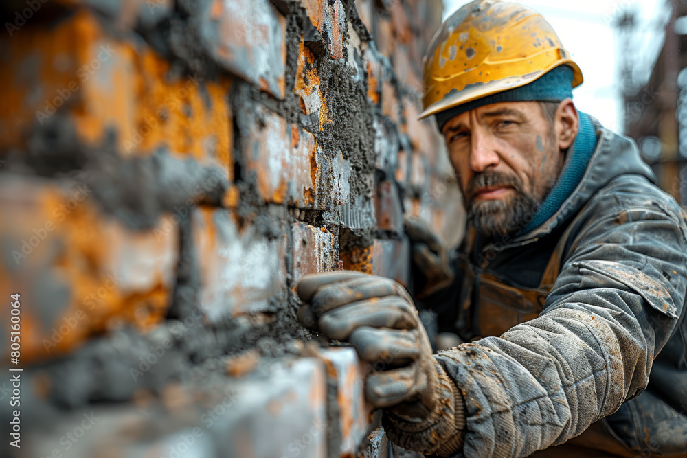 Poster a construction worker laying bricks on a skyscraper, demonstrating the incremental progress and cons