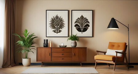 Vintage interior design of living room with stylish retro furnitures, a lot of plants, commode, black clock and brown poster mock up frame on the beige wall. Stylish home decor. Template.