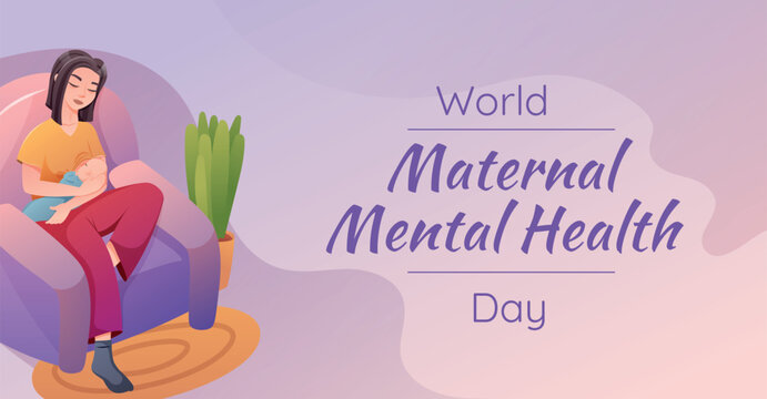 World Maternal Mental Health Day. Vector horizontal holiday banner. Cartoon illustration of a woman with a newborn baby sitting in a chair and breastfeeding.