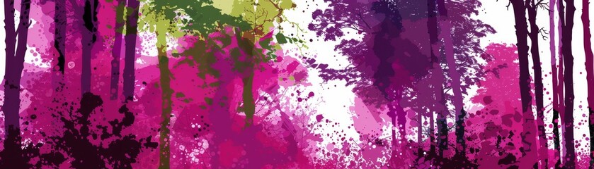 Abstract disco forest in vibrant pink, purple, lime, and green. Minimalist design with negative space, exuding gladness and vibrant optimism.