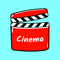 Naklejka premium Movie clapper character. Vector hand drawn cartoon kawaii character illustration icon. Isolated on blue background. Movie clapper character concept