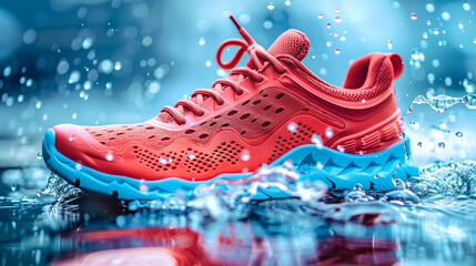 red and blue sports shoes on a rainy background