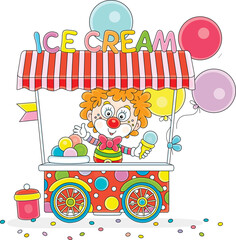 Funny colorful street ice-cream cart and a merry circus clown vendor friendly smiling and waving in greeting, vector cartoon illustration isolated on a white background