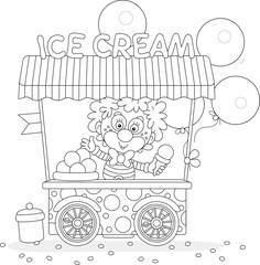 Funny street ice-cream cart and a merry circus clown vendor friendly smiling and waving in greeting, black and white vector illustration for a coloring book