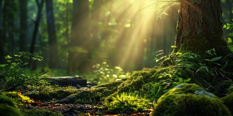 Obraz premium A tree with moss growing on it and a bright sun shining on it