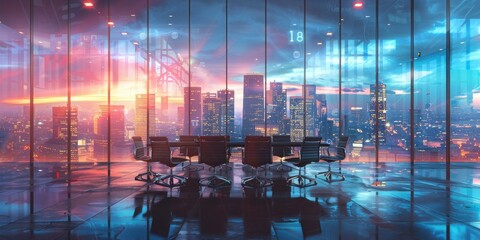 A large city skyline is reflected in a glass window