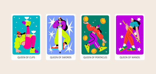 Tarot cards flat deck cartoon. Minor Arcana Suit of Queen of Cups, Swords, Pentacles and Wands Tarot Cards.
