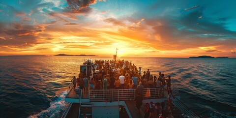 A boat full of people is sailing on a beautiful, sunny day