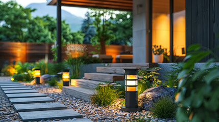Solar lamp in the backyard of a house mounted on an outdoor garden wall illuminating the pathway leading to the entrance