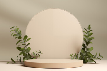 Podium made materials like wood circle in the middle surrounded leaves skin color scheme product display concept mockup