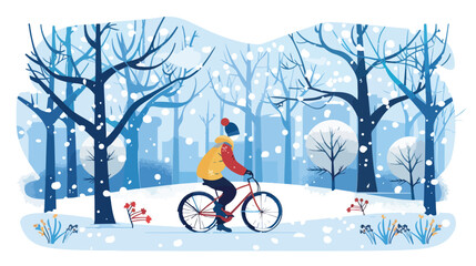 Man with bike in the park in winter. Landing page tem
