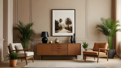 Vintage interior design of living room with stylish retro furnitures, a lot of plants, commode, black clock and brown poster mock up frame on the beige wall. Stylish home decor. Template.