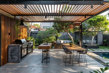 Fototapeta premium modern outdoor kitchen with grill, table and bar in the backyard of an urban home with wooden slats on one wall