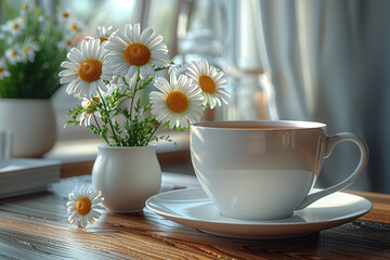 A soothing cup of chamomile tea, steeped to perfection and calming the senses with its gentle floral aroma. Concept of relaxation and tranquility. Generative Ai.