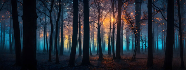 Twilight Whispers, Gloomy Fantasy Forest Shrouded in Night, Enlivened by Mesmerizing Glowing Lights.