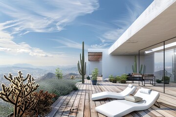minimalistic rooftop terrace with a wooden floor and white walls, lounge chairs on the right side of the photo, a blue sky in the background