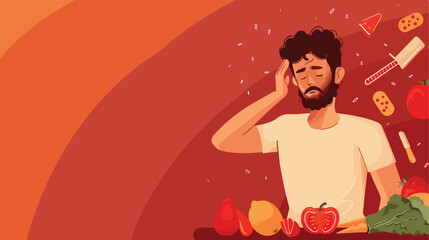 Man with problem of strong hunger on color background