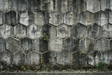 Hexagonal patterns etched into a weathered, stone-gray wall, hinting at a hidden message in the urban landscape