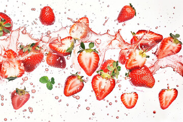 Dynamic Display of Fresh Strawberries Floating Against a Pure White Background, Featuring Whole and Sliced Red Berries with Bright Green Leaves and Water Droplets in a Vivid, High-Resolution Close-Up 