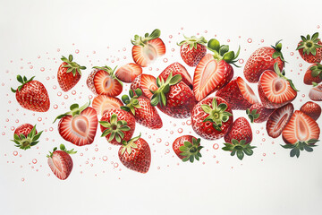 Dynamic Display of Fresh Strawberries Floating Against a Pure White Background, Featuring Whole and Sliced Red Berries with Bright Green Leaves and Water Droplets in a Vivid, High-Resolution Close-Up 