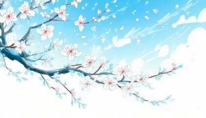 清涼感、明るめの白い背景、くっきり、青空、舞う、美しい桜を描くイラスト  generated by AI