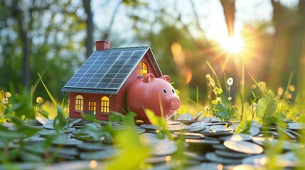 An eco-friendly house shaped like a piggy bank, with solar panels on the roof, surrounded by coins, symbolizing energy savings and reduced electricity bills through sustainable living.