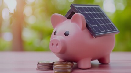 An eco-friendly house shaped like a piggy bank, with solar panels on the roof, surrounded by coins, symbolizing energy savings and reduced electricity bills through sustainable living.