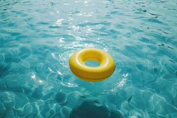 Summer Cool. Fun Pool Party with Yellow Ring Float in Blue Water