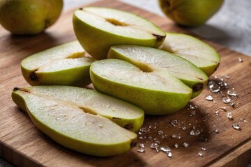 Fresh pear slices arranged on a wooden chopping board, ready to be used in culinary creations