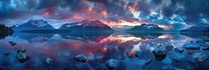 United States Nature. Stunning Alpine Landscape with Glacier Lake and Rocky Mountains, Dramatic Sunrise Sky in Glacier National Park, Montana, North America