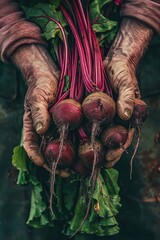 a beet in the hands of a man. selective focus