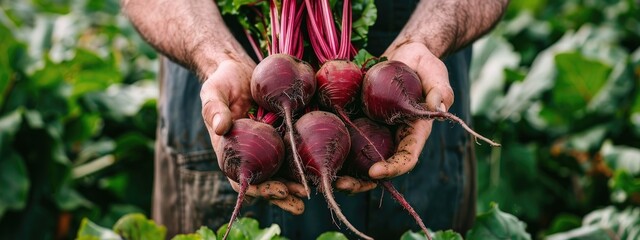 a beet in the hands of a man. selective focus