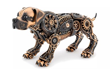 Render of a steampunk metal 3D illustration of a dog, on a white background 