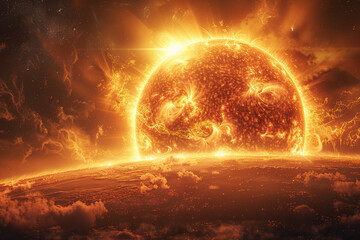Obraz premium A radiant sun radiating warmth and light, providing energy for life to flourish on the newly formed planet. Concept of stellar influence. Generative Ai.