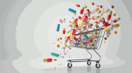 Many pills falling into shopping cart on white background