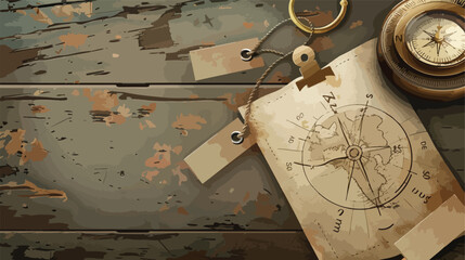 Map with compass and tags on wooden table Vector style